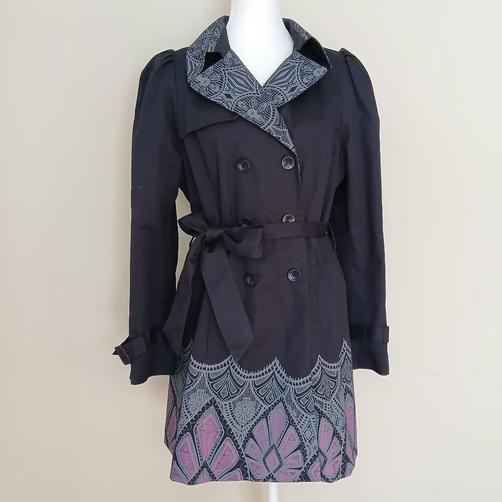 Desigual Cotton Double Breasted Graphic Mid Length Trench Coat Size 12
